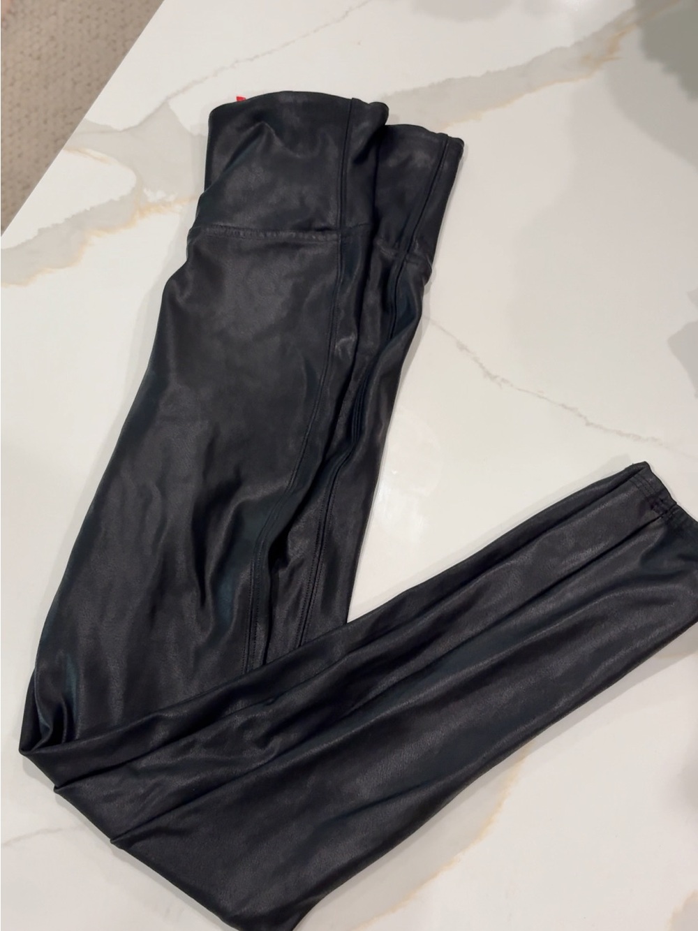 SPANX Black Faux Leather Leggings with Red Logo Tag